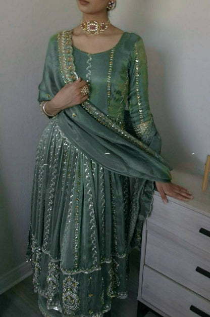 Sage Green Mirror Embellished Anarkali Set