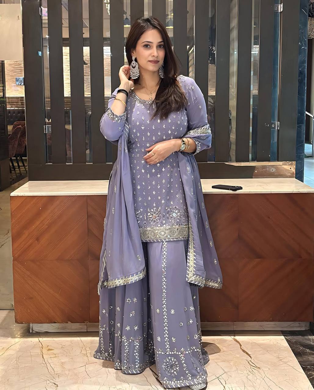 Lavender Heavy Fuax Georgette Sharara Suit