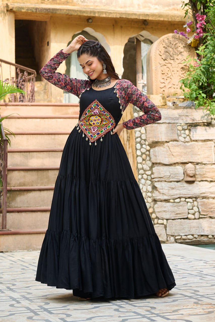 Bold & Beautiful Reyon With Cotton Print Work Gown
