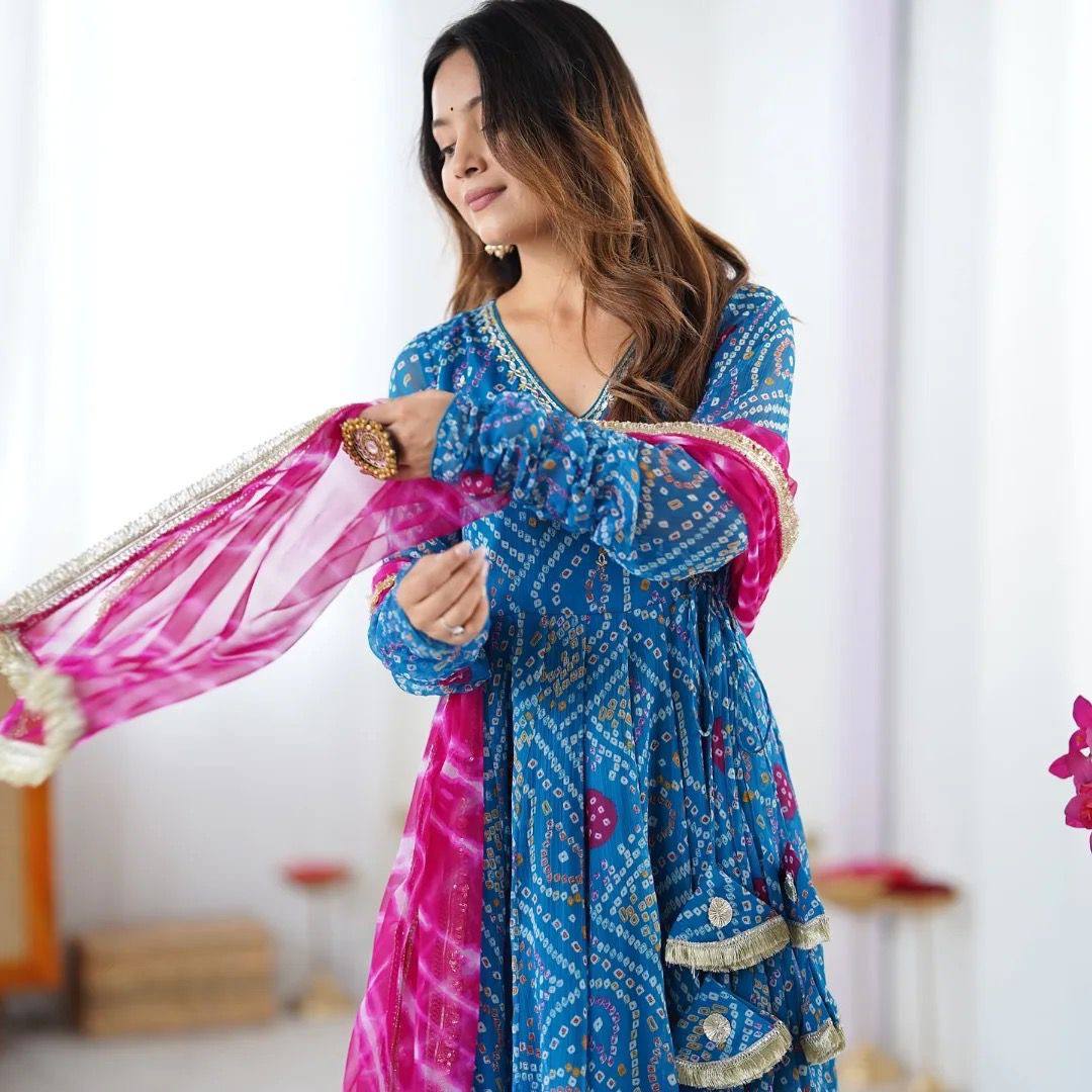 Neelkamal Bandhej Grace Flared Gown Set