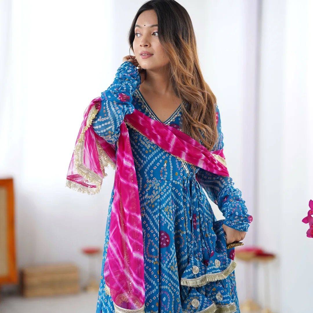 Neelkamal Bandhej Grace Flared Gown Set