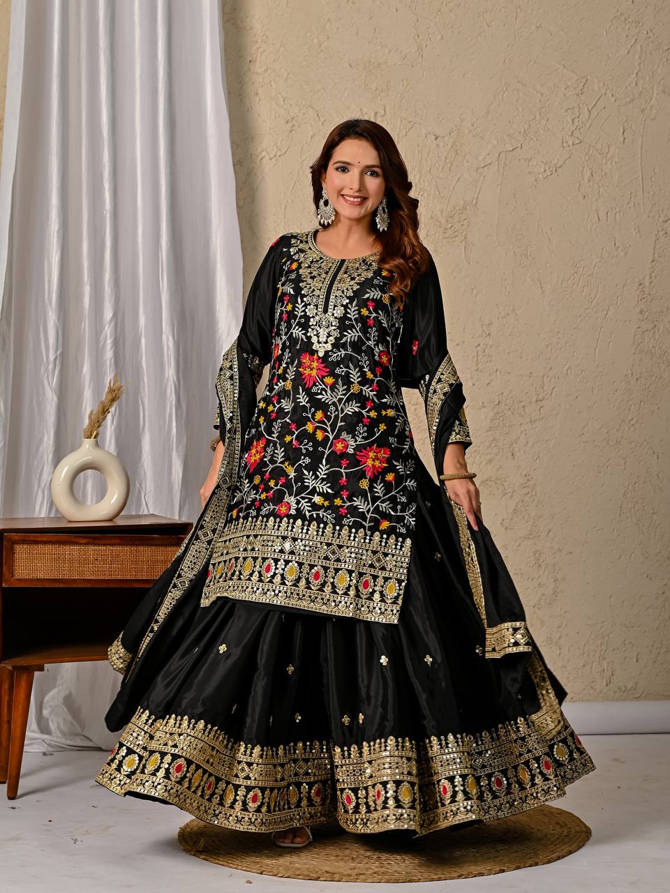 Black Heavy Chinnon Silk Party Wear Sharara