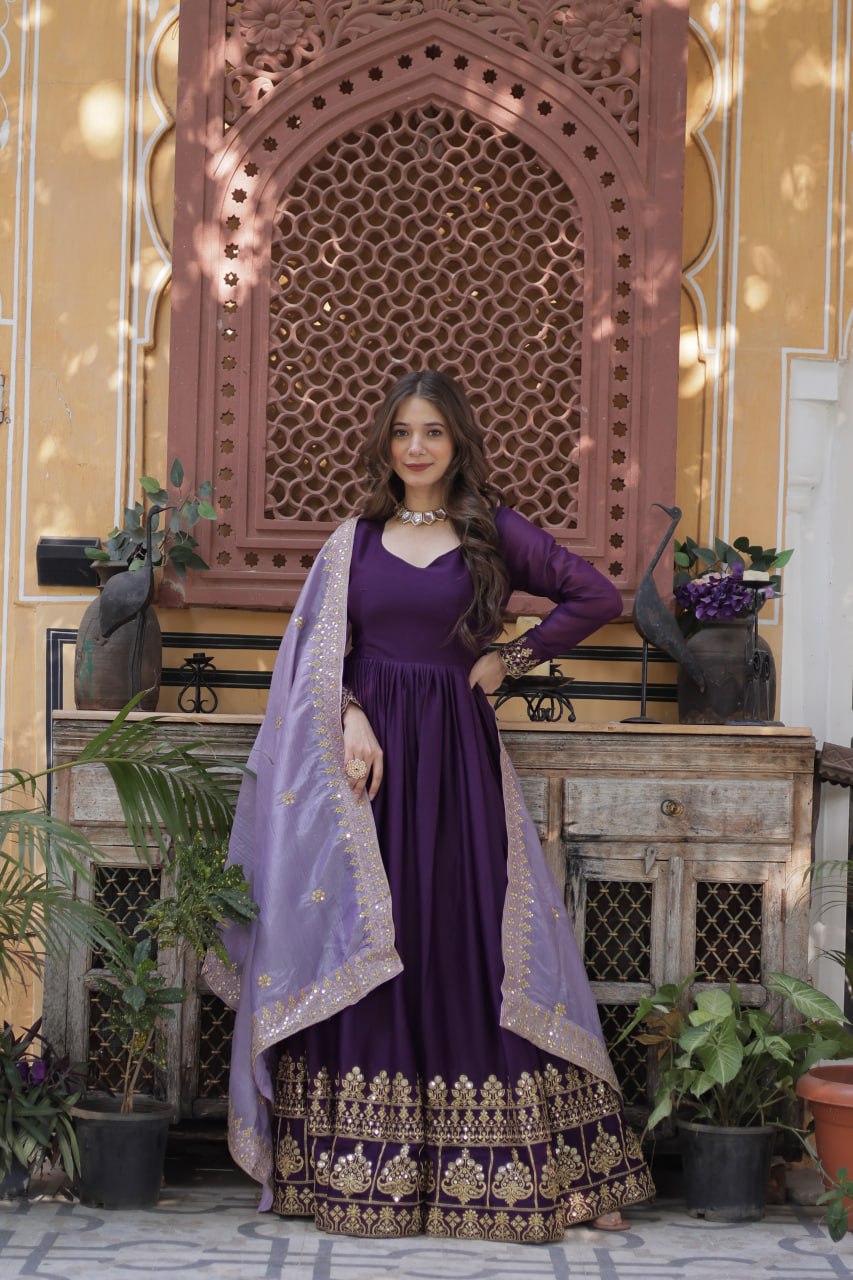 Purple Embroidered Party Wear Gown with Dupatta