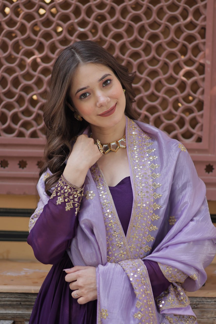Purple Embroidered Party Wear Gown with Dupatta