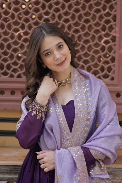 Purple Embroidered Party Wear Gown with Dupatta