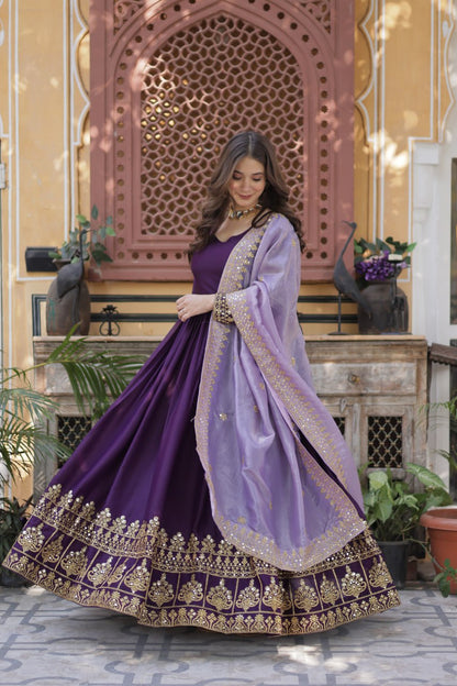 Purple Embroidered Party Wear Gown with Dupatta