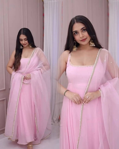 Rosy Pink Gown with Organza Dupatta Set