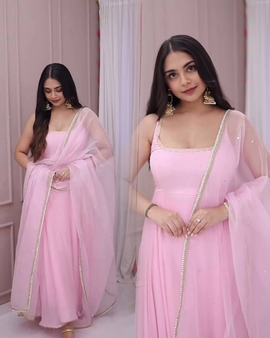 Rosy Pink Gown with Organza Dupatta Set