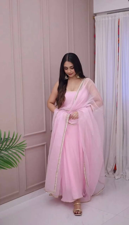 Rosy Pink Gown with Organza Dupatta Set