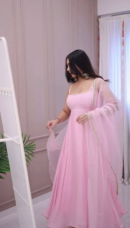Rosy Pink Gown with Organza Dupatta Set