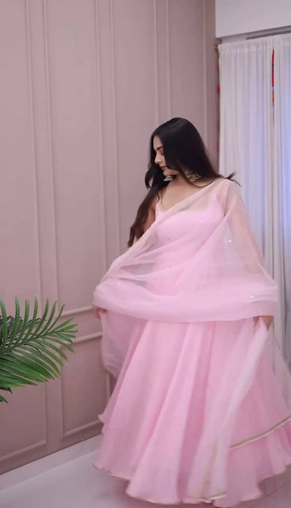 Rosy Pink Gown with Organza Dupatta Set