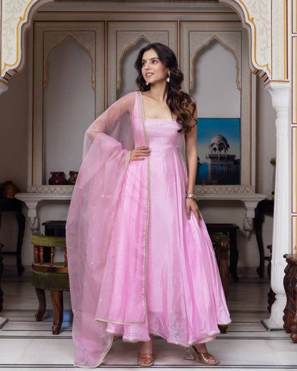 Rosy Pink Gown with Organza Dupatta Set