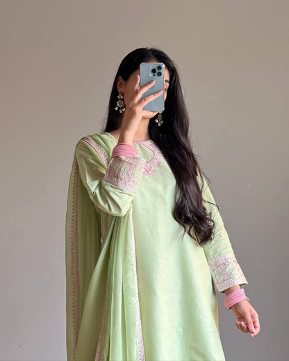 Ivory Whisper: Soft Elegance in Hand-Embroidered Pastel Pink Threads