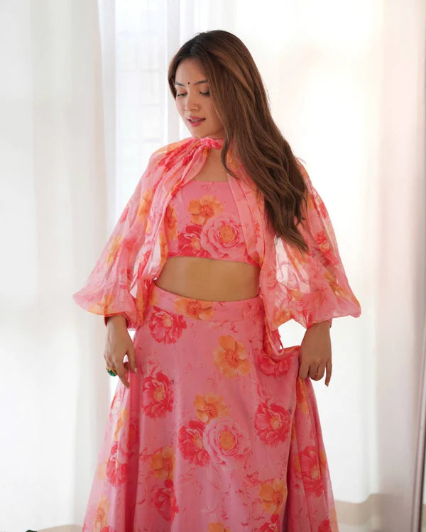 Blush Bloom Multi Floral Organja Fabric Lehengha Choli