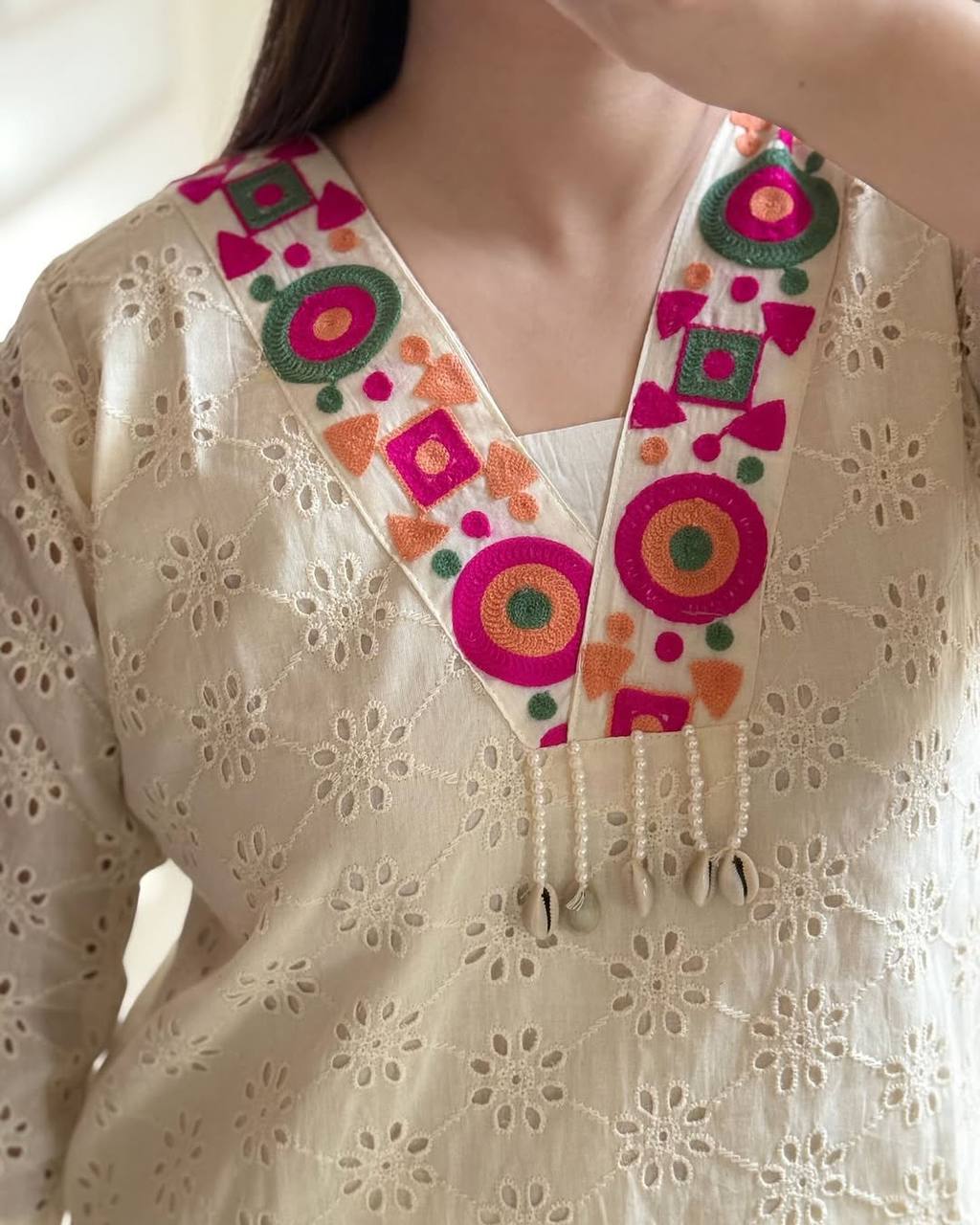 Ivory Charm Mirror-Thread Kurta Set with Vibrant Geometric Accents