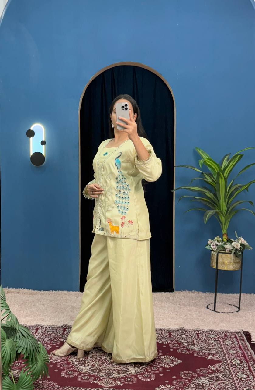 Adaayein Embroidered Koti Co-ord Set on Chimmar Fabric with Stitched Palazzo